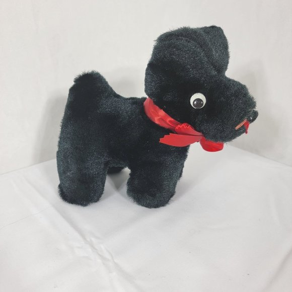 Vintage Black Dog Plush No Tags 8" Stuffed Animal Toy Red Bow Googly Eyes - Picture 1 of 7